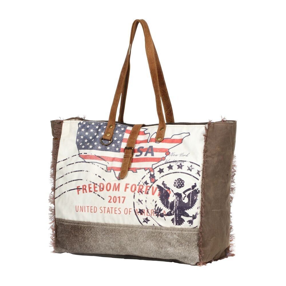 Myra Bag Handmade Partisan Weekender Bag Upcycled Canvas & Cowhide Leather - Picture 10 of 12